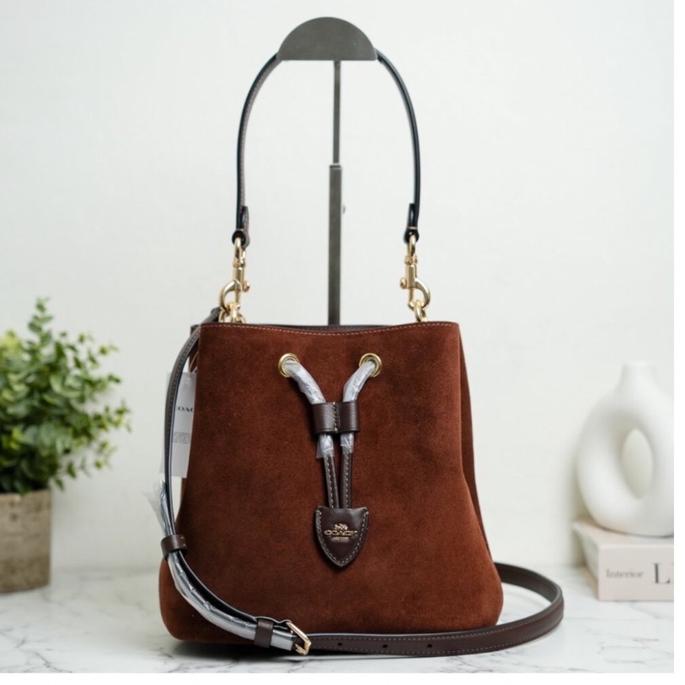 COACH Rowan Bucket Bag Suede Leather Crossbody Rich Brown Minimal Chic Staple